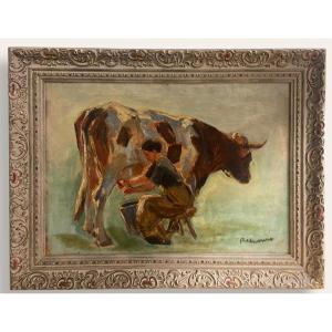 Raimond Lecourt, Milking, Calf In The Field. Double-sided Painting, Normandy