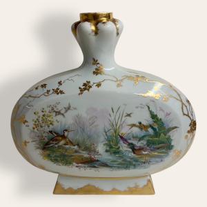 Haviland Porcelain Vase. Elegant Chinese Form. Decorated With Ducks, Woodcocks