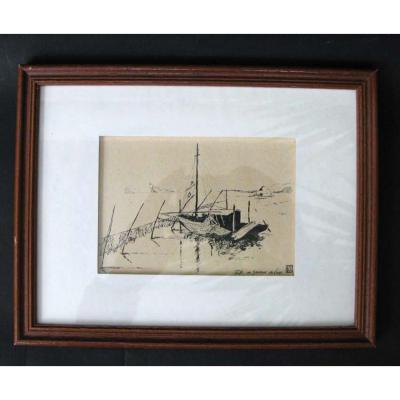 Salmon Fishing, Drawing In Ink