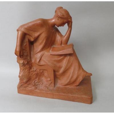 Pierre Curillont, Terracotta Sculpture, Woman Reading