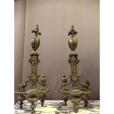 Paire De Chenets En Bronze Argenté