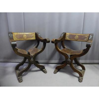 Pair Of Armchairs Curule Leather De Cordoba