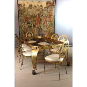 Table And Its Eight Seats In Gilded Iron