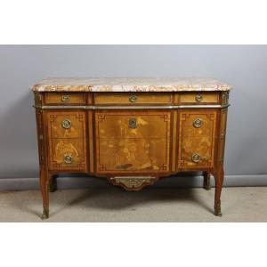 Transitional Style Marquetry Chest Of Drawers, 20th Century