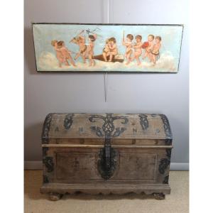 Large Painted Canvas Depicting Cherubs, 19th Century