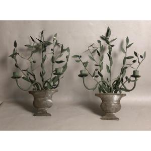 Pair Of Sconces In Painted Sheet Metal, Decorated With Olive Branches