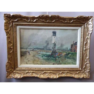 Watercolor Marine "le Phare De Honfleur" Signed Lavoine