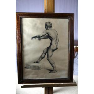Charcoal Middle XIX Academy Of Man, Signed And Dated