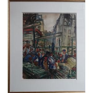 "the Halls Of Paris" Watercolor Gouache By Pierre Gaillardot 
