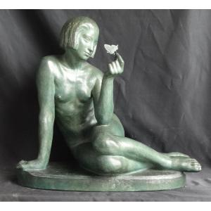 "the Girl With The Butterfly" Terracotta By Marius-albert Patrisse