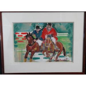 "polo Match Scene" Gouache By Pierre Gaillardot