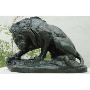 "the Lion With The Snake" Bronze By Antoine-louis Barye