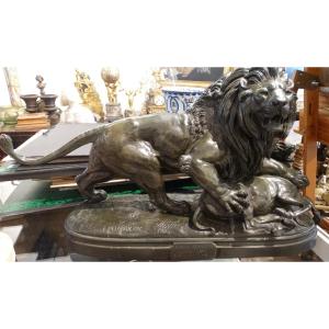 "senegalese Lion With Antelope" Bronze By Delabriere