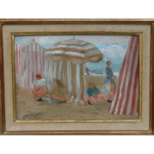 "tents At Deauville", Beach Scene By Lucien Jonas