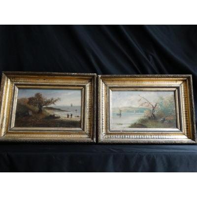 "landscapes Animated By Characters" Pair Of Oils On Panels 19th