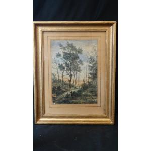 Landscape With A Tree-lined Path, 19th Watercolor