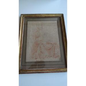 Red Chalk Drawing "young Woman à La Watteau"