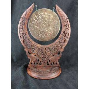 Bronze Table Gong On Carved Wooden Portico - Musical Instrument