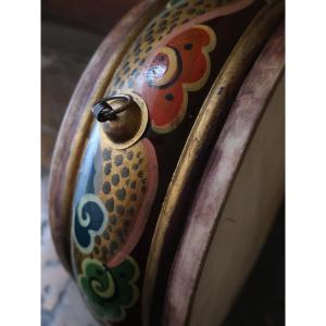 Polychrome Tibetan Drum From The Early 20th Century. Musical Instrument.