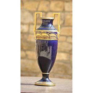 Art Deco Vase Signed Pinon Maurice Earthenware From Tours Blue Ceramic And Gold Sevres