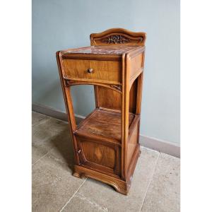 Deserted Bedside Table Attributed To Gauthier Poissignon Nancy Art Nouveau In Walnut, Marble And Porcelain