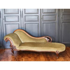 Late 19th Century Chaise Longue In Carved Mahogany, Very Good Condition, Velvet Fabric 