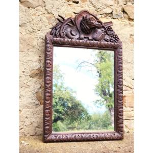 Late 19th Century Carved Wooden Mirror With Farmer Decorations, Horse Head, Barrel, Winemaker, Peasants