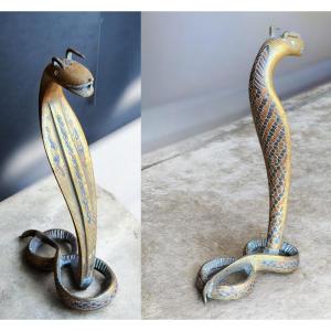 Oriental Zoomorphic Lamp Base With Cobra Decoration In Bronze, Likely 19th Century