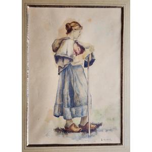 Emile Munier Watercolor Circa 1870 Young Woman Painting 19th Century