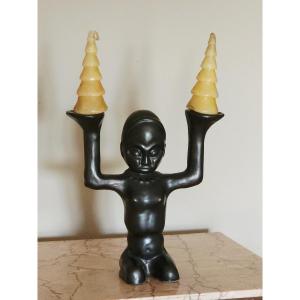 Hélène Ugo Vallauris African Candlestick In Black Ceramic 