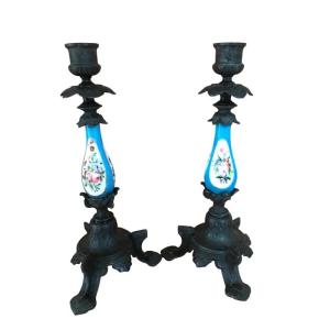 Pair Of Art Nouveau Candlesticks - Chased Metal And Hand-painted Porcelain - Early 20th Century