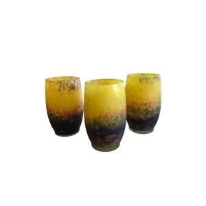 Set Of 3 Art Deco Tumblers - Shaded Marmorated Glass - Signed André Delatte Nancy