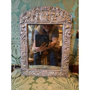 Mirror Decorated With A Leaf Of Repoussé Silver, 19th Century Argentinian Work. 