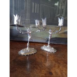 Pair Of Louis XIII Style Candlesticks In Silver Metal, 19th Century.