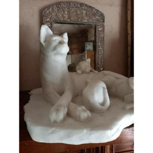 The Cat Breastfeeding Her Kittens. Sculpted On Carrara Marble