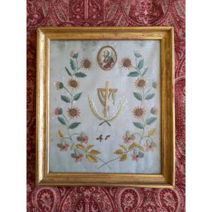 Framed Piety Embroidery Circa 1800