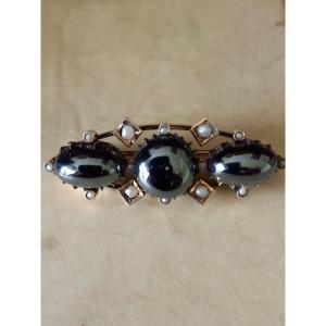 Brooch Set With Hematites And Pearls Late 19th Century