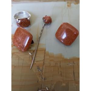 Art Deco Men's Set; Sunstone Tie Pin And Cufflinks And Ring