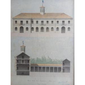 Town Hall Project, 19th Century Watercolor Architectural Work 