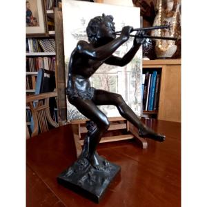 Edouard Drouot. Young Satyr Playing The Aulos. Bronze 