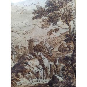 17th Century, Pen And Ink Wash. Italian Landscape
