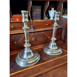 Pair Of Louis XIV Silver-plated Metal Candlesticks 