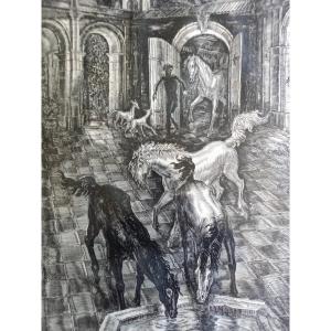 Albert Decaris. Horses At The Watering Trough