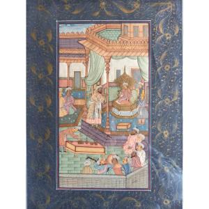 Early 20th Century Indian Miniature. Reception Scene In A Palace