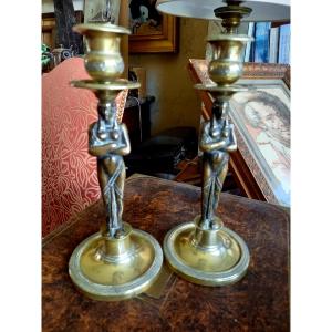 Egyptomania 19th Century. Pair Of Candlesticks