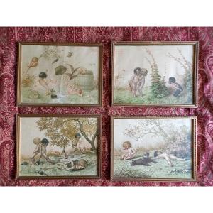 Around 1900. Le Pré Catelan. Four Menus Illustrated By Georges Redon Framed