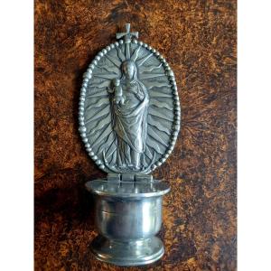XVIIIe Siècle. Pewter Stoup Decorated With A Radiant Virgin Mary.