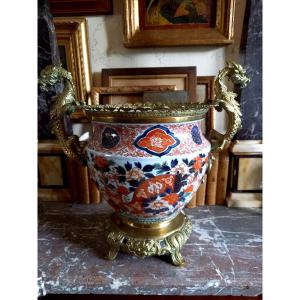 Imari Early 19th Century, Porcelain Basin Mounted With Bronze Dragon