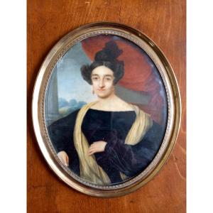 Dated 1839. Signed Bertrand. Portrait In Miniature Against A Landscape Background