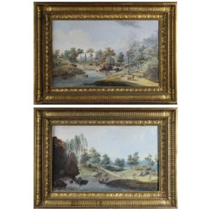 Two Animated Views Of The Jardin De Bagatelle In Gouache From The 18th Century By Louis Belanger